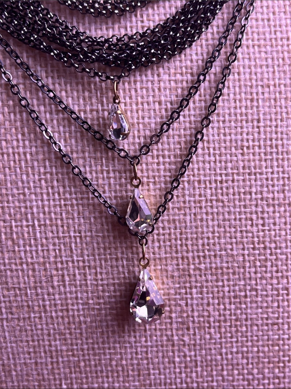 Multi-Strand Gunmetal and Gold Necklace with Crystal Teardrops 14" - Picture 3 of 8